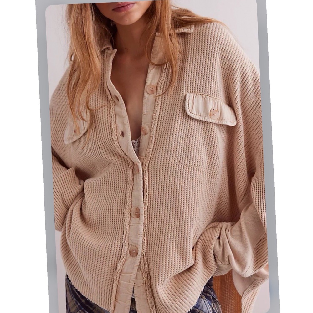 Free People‎ FP One Scout Jacket Beige Waffle Knit Cotton Shacket Oversized M